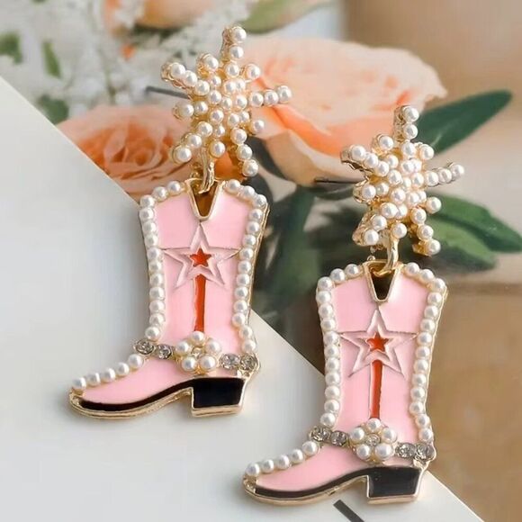 Pearl Enamel Cowboy Boot Earrings in Pink - Picture 4 of 10
